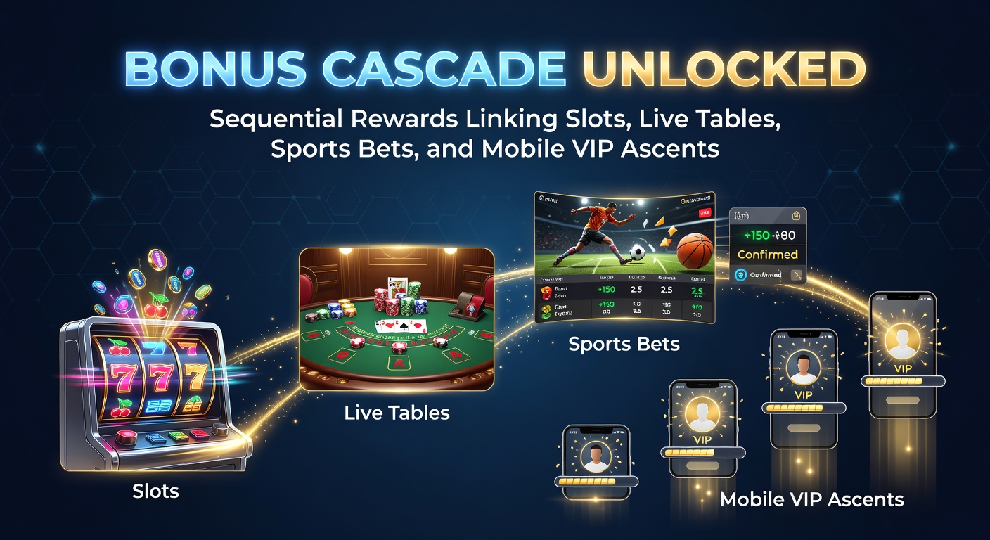 Grafische weergave van een bonus cascade-systeem waarbij beloningen van gokkasten overlopen naar live tafels en sportweddenschappen, met een mobiele VIP-ladder in de achtergrond