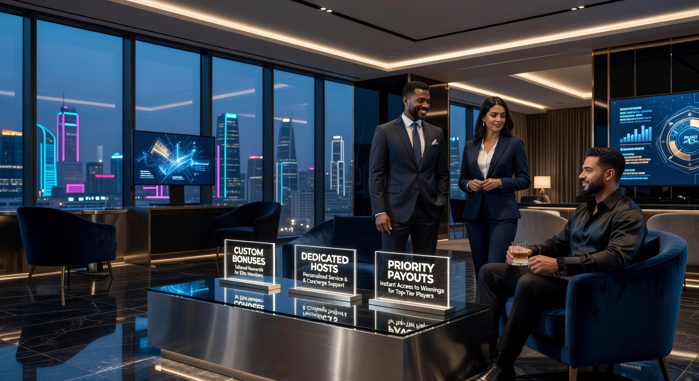 Luxe VIP-lounge in een online casino met elegante inrichting en high-rollers aan speeltafels