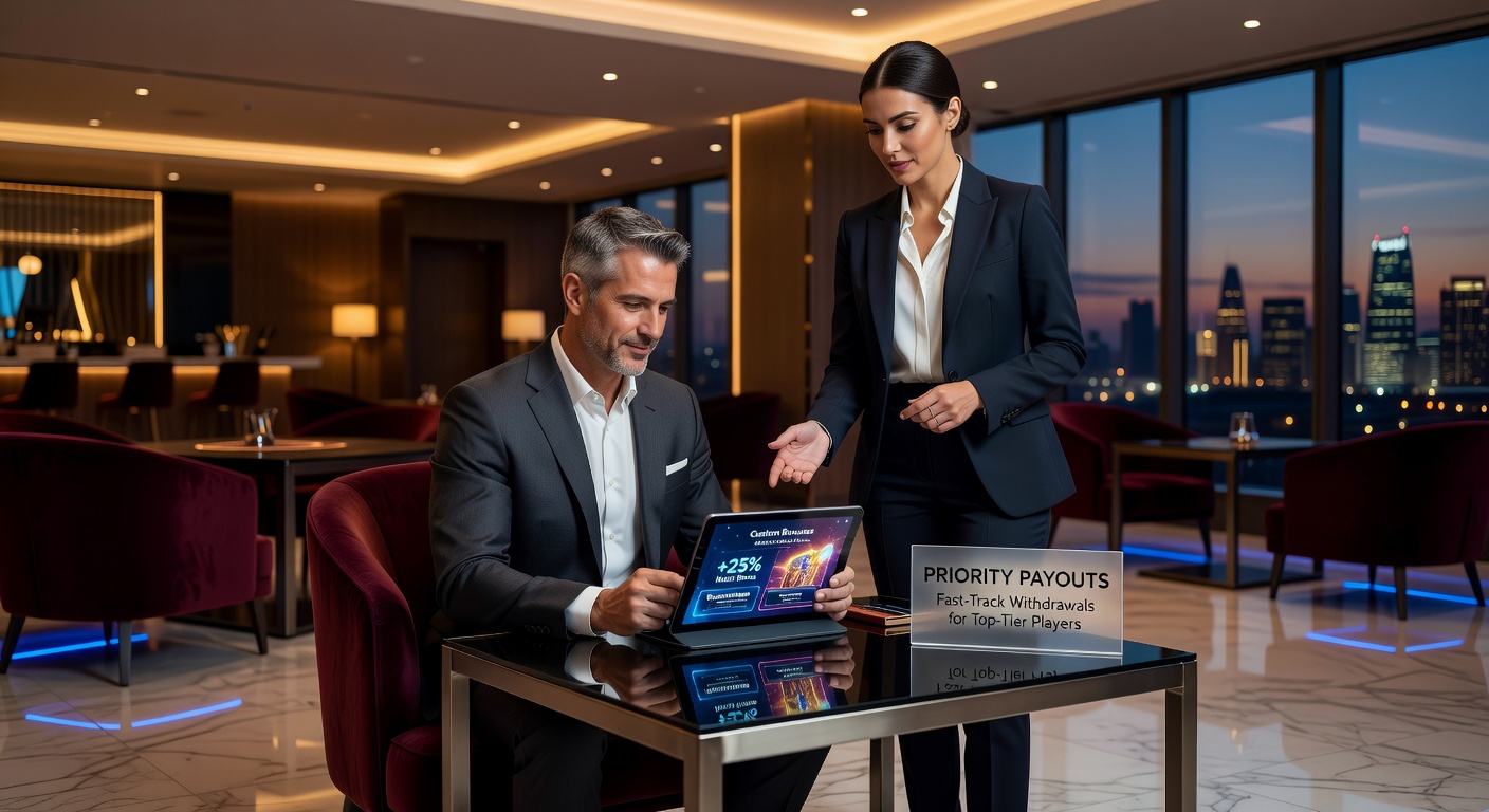 High-roller ontvangt persoonlijke service van een VIP-host in een virtuele lounge-setting met luxe elementen