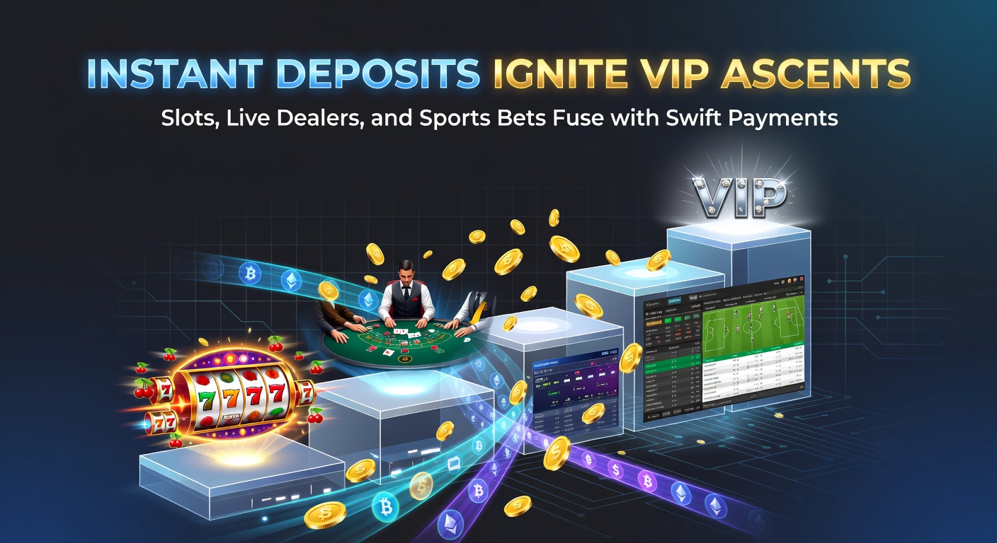 Grafische weergave van snelle geldstortingen die VIP-niveaus in online casino's met slots, live dealers en sportweddenschappen opdrijven, inclusief iconen voor iDEAL en mobiele betalingen