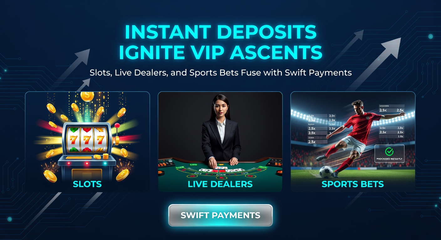 Actievolle scène van een VIP-speler die inzet op live dealer blackjack, sportweddenschappen en slots, met overlay van snelle betaaliconen en stijgende VIP-meters