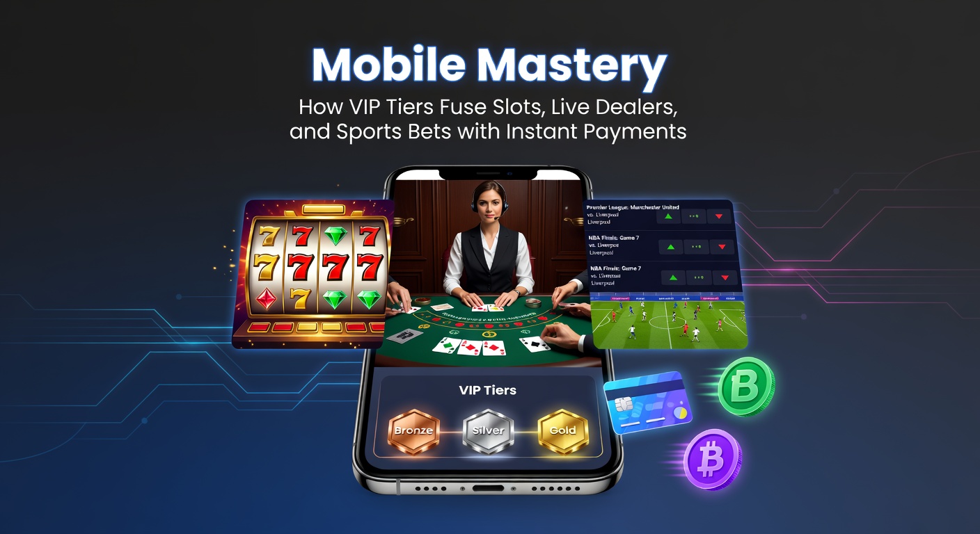 Mobiele gokschermen met VIP-badges, slots, live dealers en sportweddenschappen op een smartphone