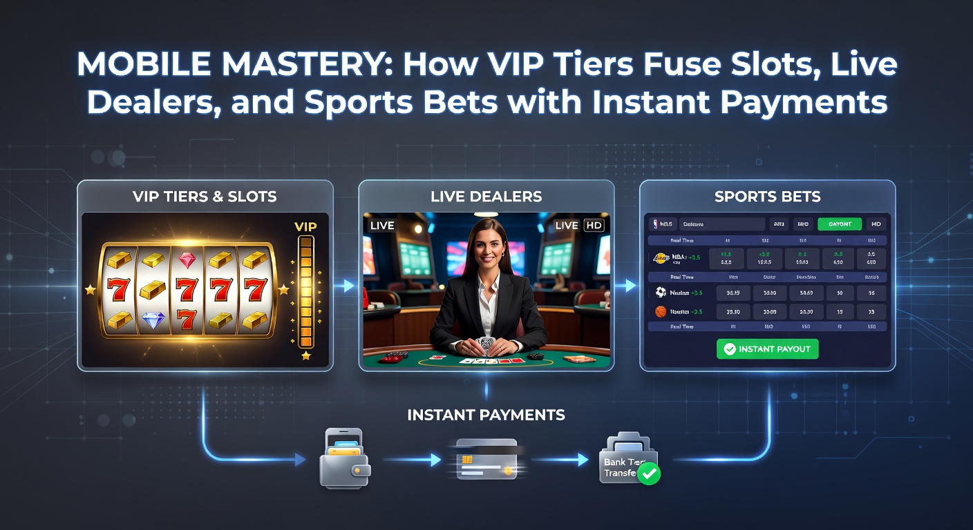 VIP-dashboard op mobiel met slots, live tafels, sportodds en directe uitbetaling icoon