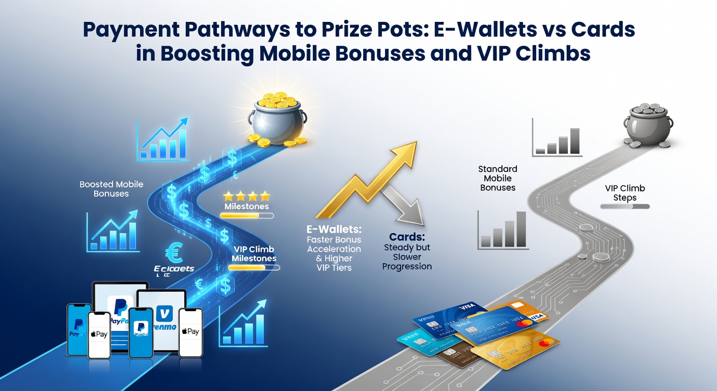 Vergelijking van e-wallet en betaalpas iconen met mobiele gokschermen en stijgende bonusgrafieken op een smartphone