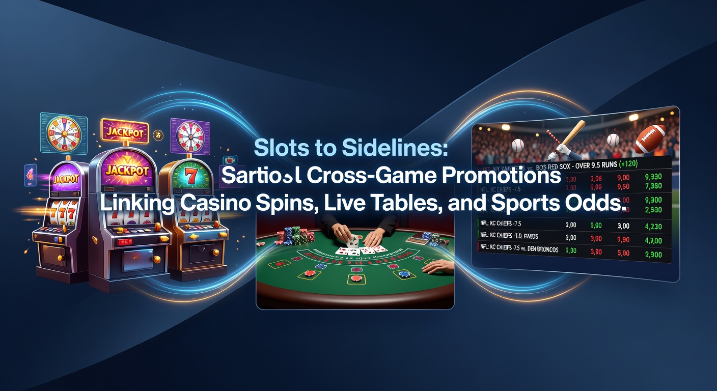 Spannende cross-game promotie met gokkasten, live roulettetafels en sportweddenschappen op één scherm, symboliserend naadloze overgangen tussen spellen