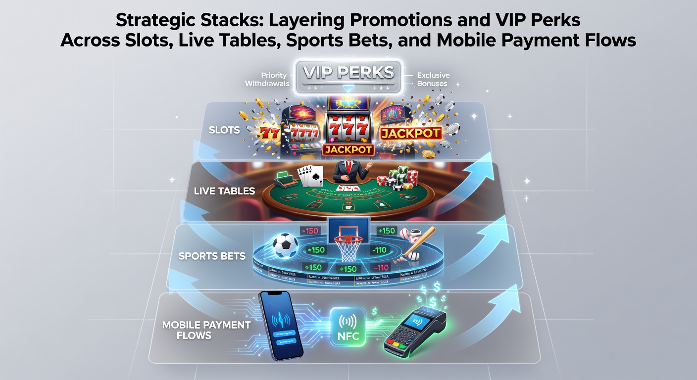 Grafische weergave van gestapelde promoties en VIP-lagen in online gokken, met iconen voor slots, live casino, sport en mobiele betalingen