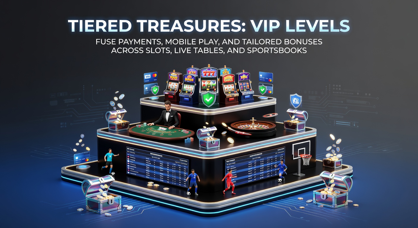Visuele weergave van een VIP-ladder met gouden treden, mobiele telefoons en bonussen die samenvloeien in slots, live tafels en sportweddenschappen